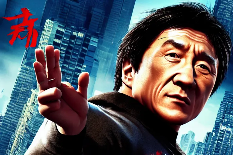 Image similar to Jackie Chan Gta 6, concept art, artstation, game poster, octane render, hyper-realistic