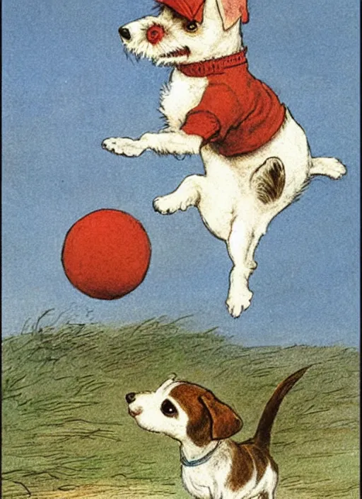 Prompt: jack russel terrier jumping from the ground over a red ball, illustrated by peggy fortnum and beatrix potter and sir john tenniel