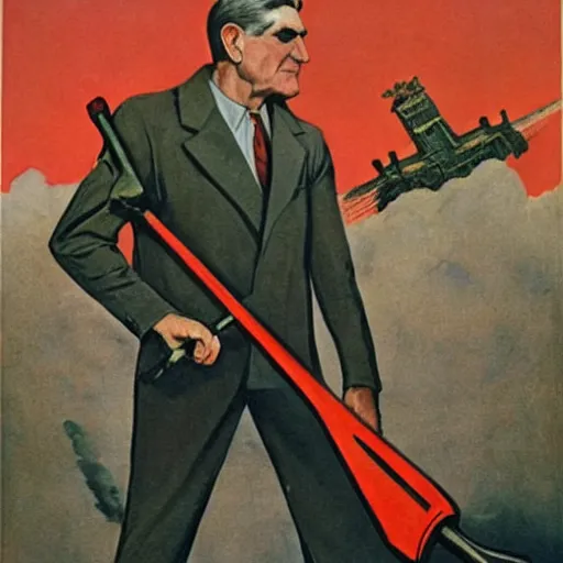 Image similar to soviet propaganda of robert mueller holding a hammer and sickle in realistic collective farm, by j. c. leyendecker, bosch, and beksinski