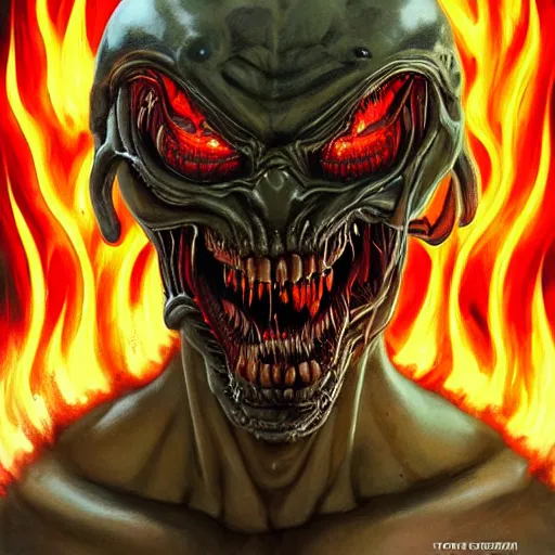 Image similar to doom giger venom demon portrait in hell, fire and flame , Pixar style, by Tristan Eaton Stanley Artgerm and Tom Bagshaw.