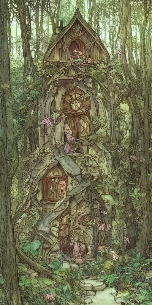 Image similar to an elvish Fairy house in the Woods, fantasy, art nouveau, daylight, warm light, spring, studio ghibli, Moebius, siya oum, ultra detailed, High definition, Sharp