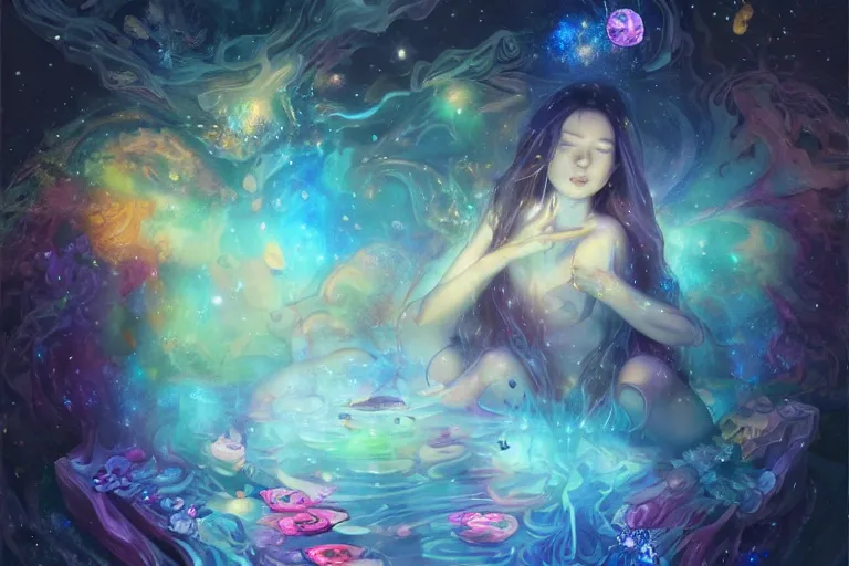 Prompt: yoni, yoni art, psychedelic, whimsical, 4k, beautiful, a crystal and flower, reflective pool, surrounded by gems, underneath the stars, rainbow fireflies, trending on patreon, deviantart, twitter, artstation, volumetric lighting, heavy contrast, art style of Greg Rutkowski and Miho Hirano and Ross Tran