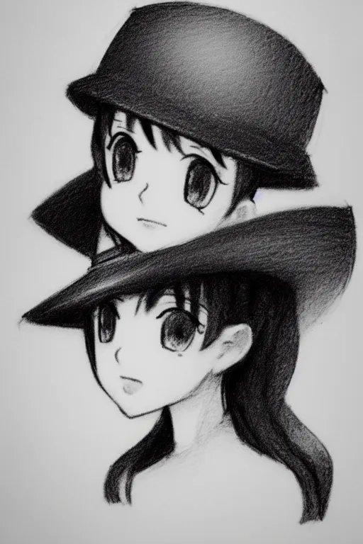 Image similar to cute loli in a tall grey top hat, face profile, pencil sketch, gray scale, anime style