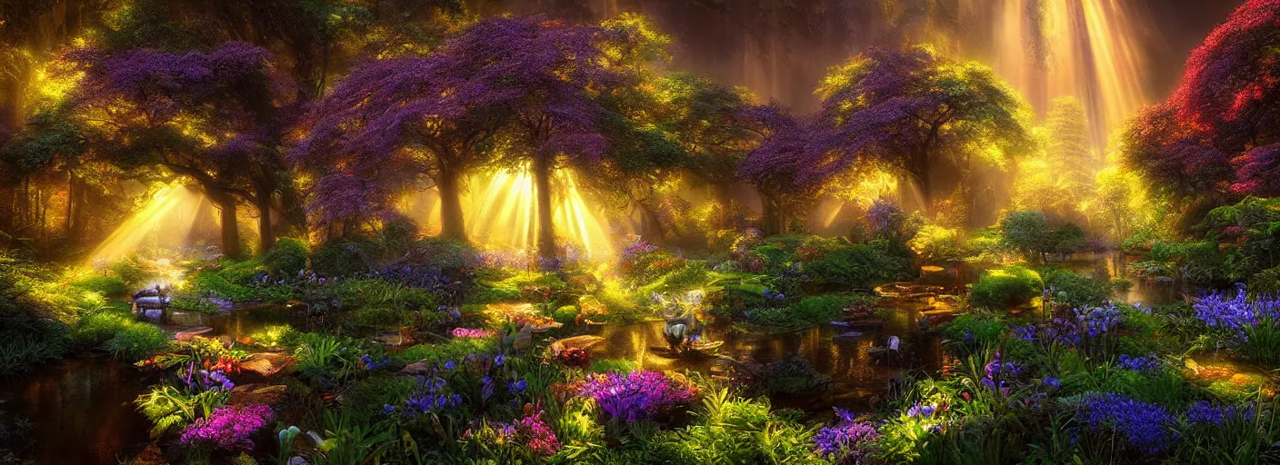 Image similar to photograph of enchanted garden, with rays of light by marc adamus, highly detailed, intricate detail, cinematic lighting