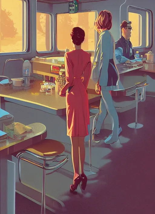 Prompt: poster artwork by Michael Whelan, Bob Larkin and Tomer Hanuka, Karol Bak of Zendaya working at the diner in RR diner waitress dress, from scene from Twin Peaks, simple illustration, domestic, nostalgic, from scene from Twin Peaks, clean