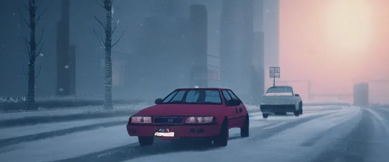 Prompt: Aqua Metallic Audi 80 RS 2 Avant (1995), black car, a gritty neo-noir, dramatic lighting, cinematic, eerie person silhouette, death, homicide, establishing shot, extremely high detail, photorealistic, cinematic lighting, artstation, by simon stalenhag, Max Payne (PC) (2001) winter new york at night, flashing lights, Poets of the Fall - Late Goodbye