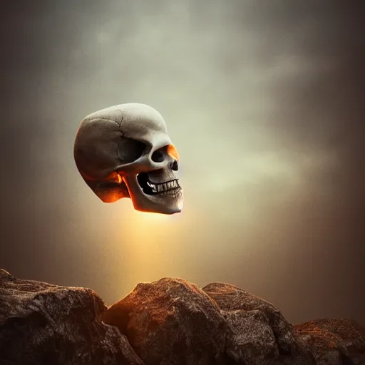 Prompt: Skull head floating in beautiful light landscape in the style of Mingchen Shen , intricate, epic lighting, cinematic composition, hyper realistic, 8k resolution,