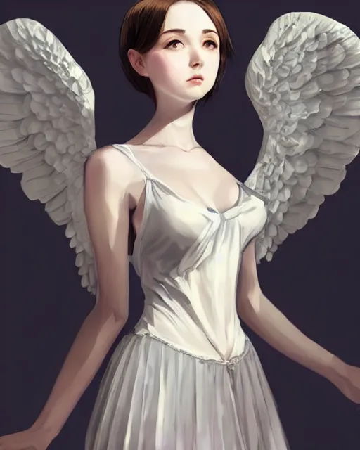 Image similar to ilya kuvshinov. an infinitely detailed portrait of a frail and pale female peace angel elegantly. fully - clothed full - body, beautiful! scenery art!! coherent! by wlop. victorian armor trim, cold color palette, artstation / pixiv!! elegantly armored angel portrait full - body, dreamy art
