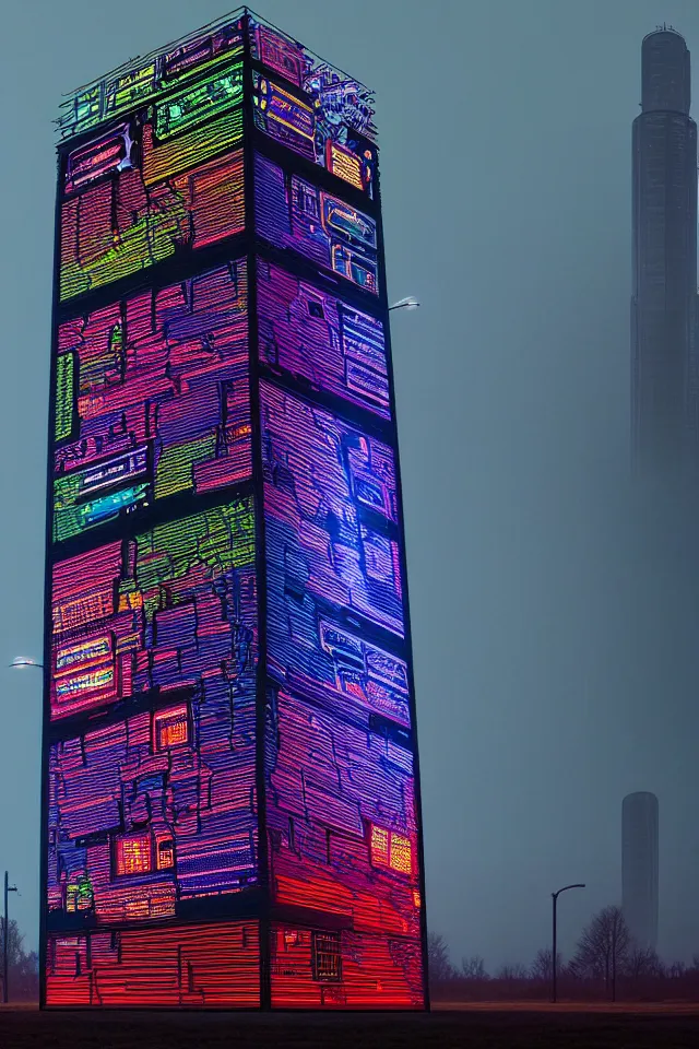 Image similar to cyberpunk tower made out of billions of stacked computer screens by simon stalenhag and dan mumford