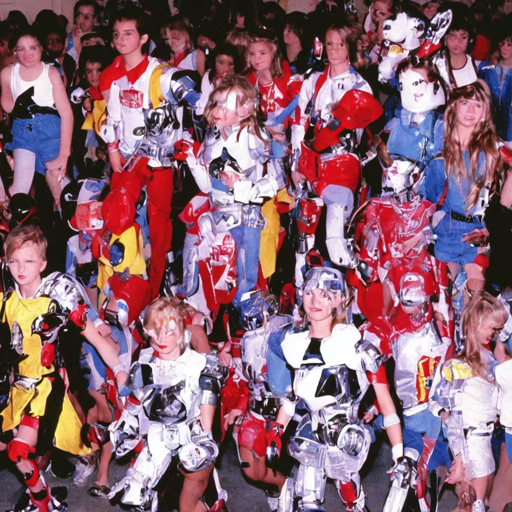 Image similar to 1990s candid photo of a middle school home coming dance with robot warrior rabbits , cinematic, UHD