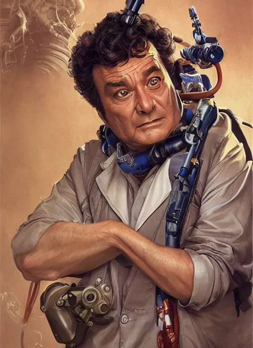 Image similar to Columbo as a Ghostbuster, intricate, elegant, highly detailed, centered, digital painting, artstation, concept art, smooth, sharp focus, illustration, artgerm, donato giancola, Joseph Christian Leyendecker, WLOP, Artgerm
