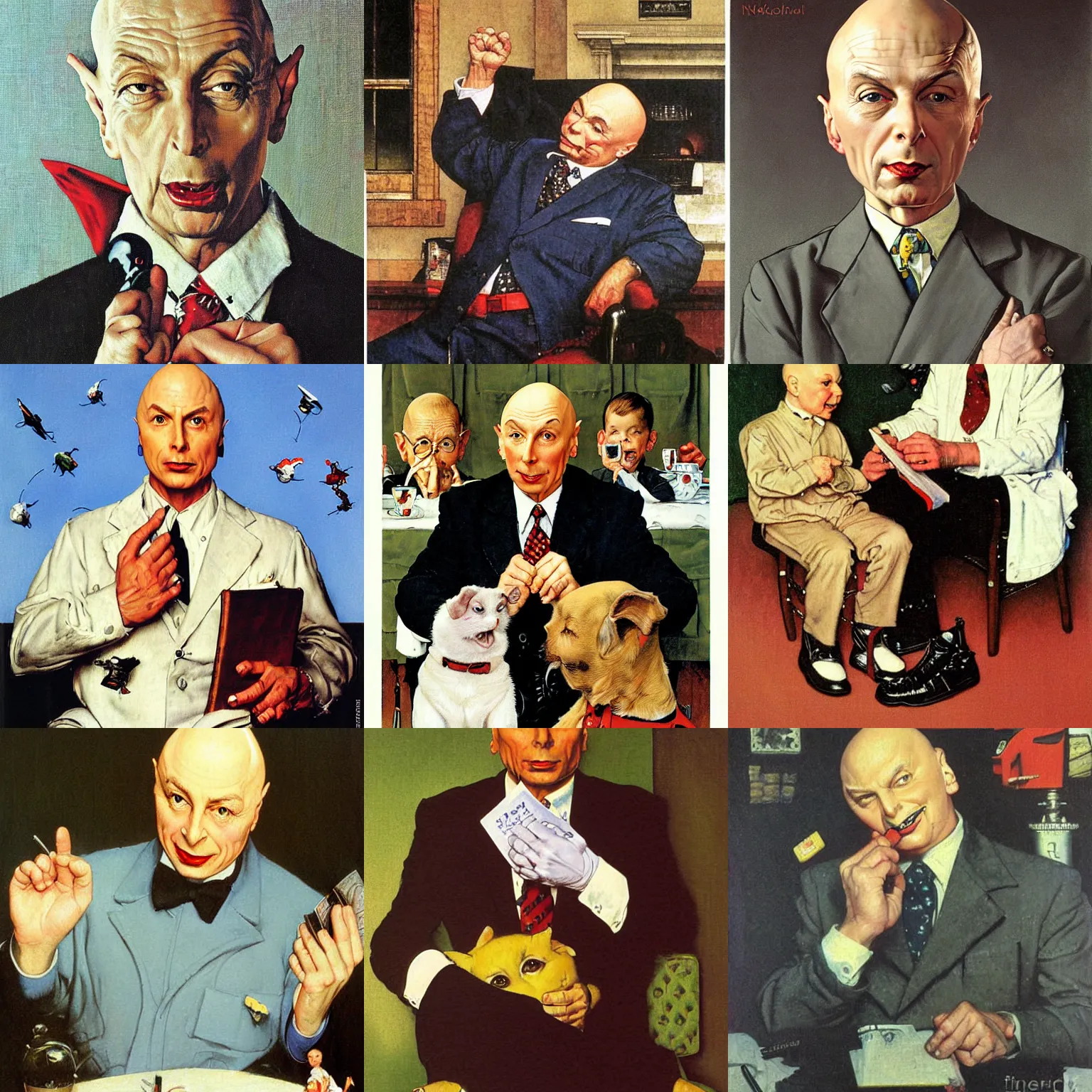 Prompt: whimsical illustration of Dr evil, by Norman Rockwell, oil painting,