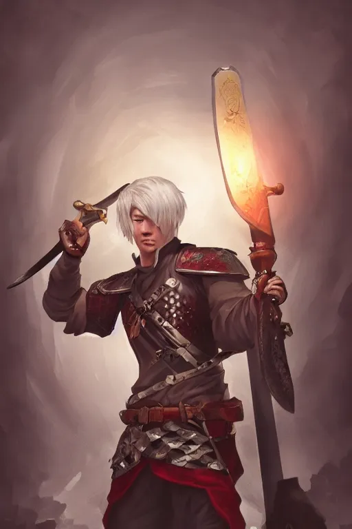 Prompt: A character splash art of a medieval soldier wielding two swords by by cho youngjae and _ MOOWM _ , white hair, young man, trending on artstation 4k, unreal engine,