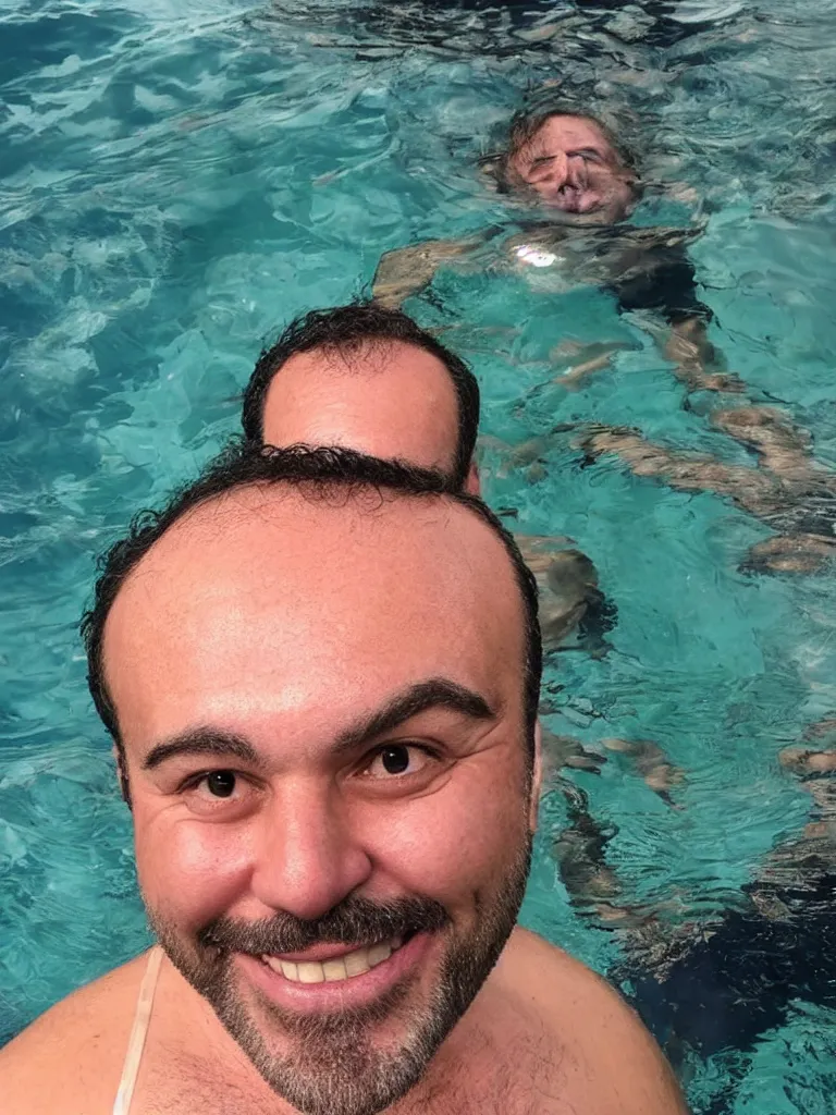 Image similar to a middle aged man, bulky build, black curly hair, receding hairline, thick dark eyebrows, big lips, smiling, small eyes, no beard, swimming at the bottom of the sea