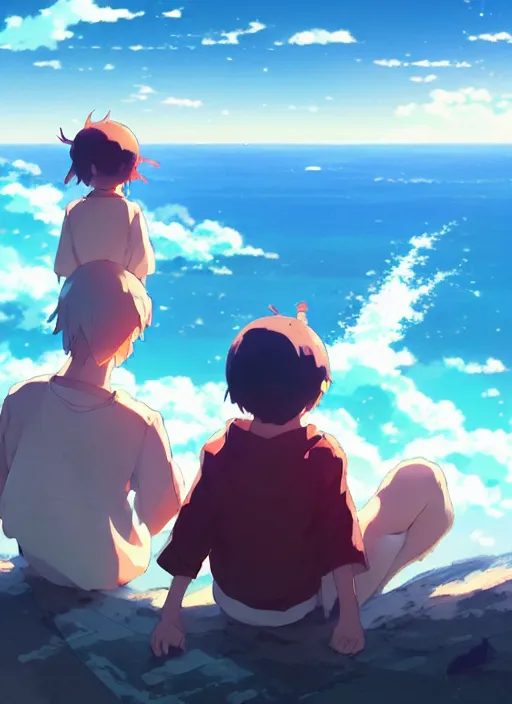 Prompt: boy and girl watching whales on sky, illustration concept art anime key visual trending pixiv fanbox by wlop and greg rutkowski and makoto shinkai and studio ghibli