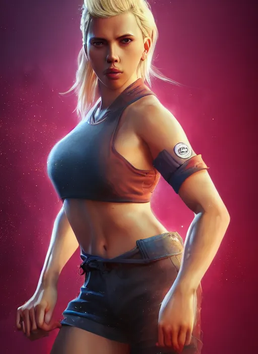 Prompt: fantasy comic book style portrait painting of an athletic Scarlett Johansson with blonde hair dancing, unreal 5, DAZ, hyperrealistic, octane render, cosplay, RPG portrait, dynamic lighting