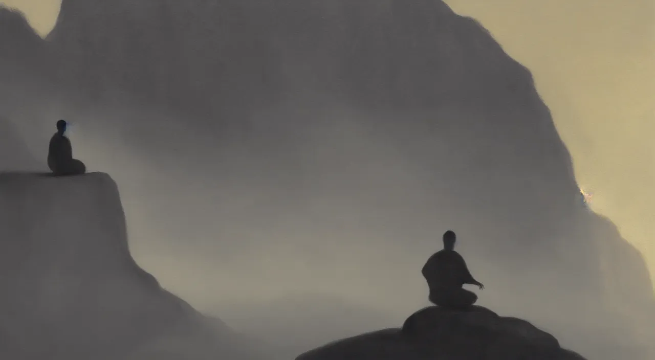 Image similar to anderson debernardi painted style a one silhouette of a meditating monk sitting in the fog on a stone protruding from the water in the rays of the morning sun