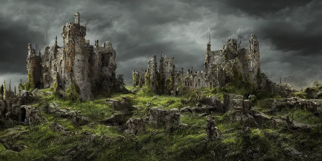 Image similar to matte painting, castle, dramatic landscape, overgrown, cinematic, overcast