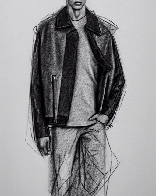 Prompt: rough charcoal sketch of a male model wearing a cropped baggy menswear moto jacket by alexander mcqueen, 4 k, astonishing detail, studio lighting, wide angle lens