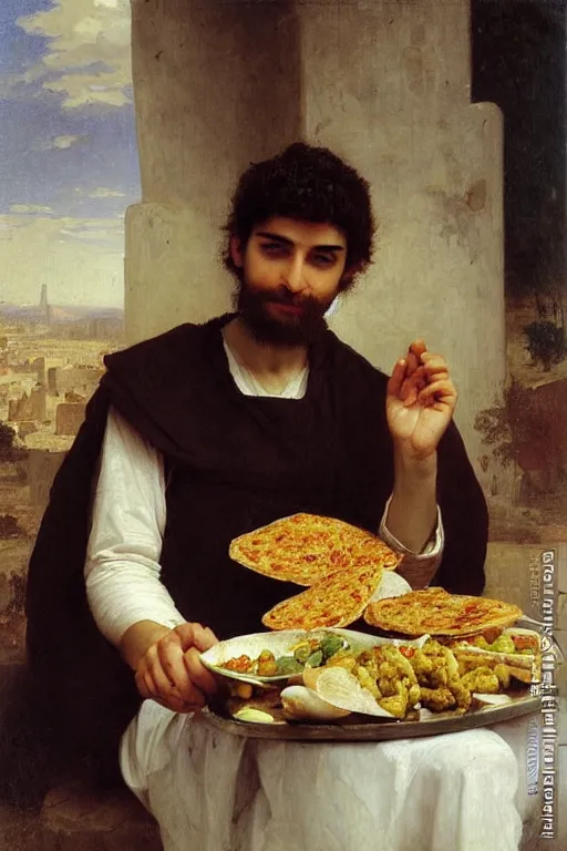 Image similar to portrait of a young Israeli man eating falafel, bouguereau