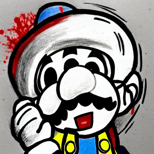 Prompt: a drawing!!!!!!! of ( ( ( mario ) ) ) made in blood!!!!!!!!!!!!!!!!!