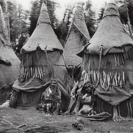 Prompt: vintage photo of an native american village by edward s curtis, photo journalism, photography, cinematic, national geographic photoshoot