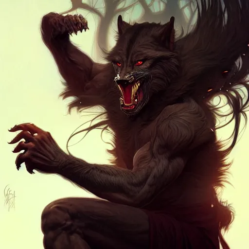 Image similar to a male werewolf, intricate, elegant, highly detailed, digital painting, artstation, concept art, smooth, sharp focus, illustration, thriller atmosphere, art by artgerm and greg rutkowski and alphonse mucha