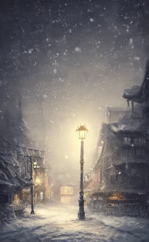 Image similar to a blurry ambient lantern in the distance of a snowy village at night, dynamic lighting, ambient lighting, atmospherical, photorealistic fantasy concept art, trending on art station, stunning visuals, creative, cinematic, ultra detailed