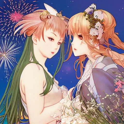 Prompt: two beautiful girls watching fireworks, digital art, by range murata, akiyuki shinbou, alphonse mucha, masamune shirow, josan gonzales, highly detailed, realistic, cinematic