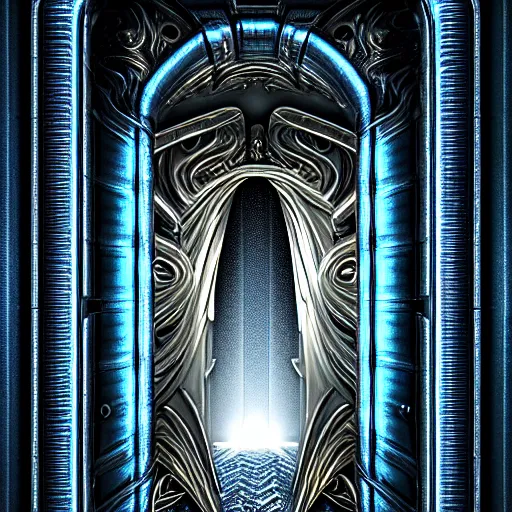 Image similar to open majestic portal to another dimension, with turbulent image of different time space, ethereal, sci fi, high filigree detail, intricate, giger!, beautiful reflective metals and reflections, photo realistic, 8 k