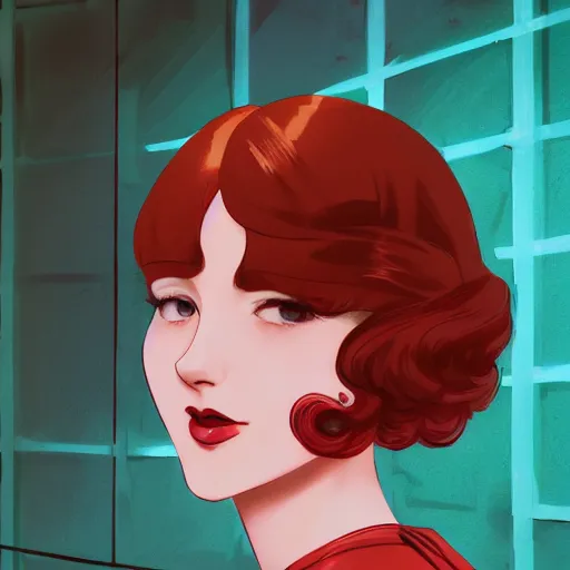 Image similar to portrait of a beautiful red headed girl dressed in 1920's fashion, speakeasy bar background, rich vivid colors, ambient lighting, dynamic lighting, 4k, HQ, official media, anime key visual, makoto shinkai, ilya kuvshinov, lois van baarle, rossdraws, detailed, trending on artstation