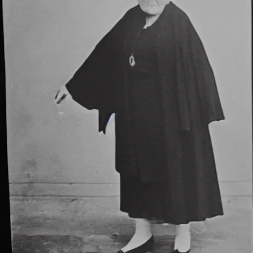 Prompt: black and white grainy newspaper photo from 1898 of an old scary lady in black suit
