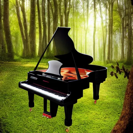 Prompt: grand piano in the middle of the forest, detailed, realistic, birds on the piano