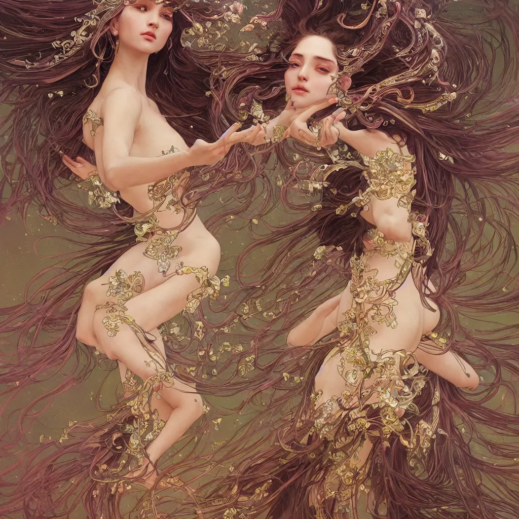 Prompt: one goddess dancing, flowing hair, fantasy, surreal, intricate and very beautiful and elegant, highly detailed, digital painting, trending on artstation, concept art, smooth and sharp focus, illustration, art by tan zi and ayanamikodon and alphonse mucha and wlop