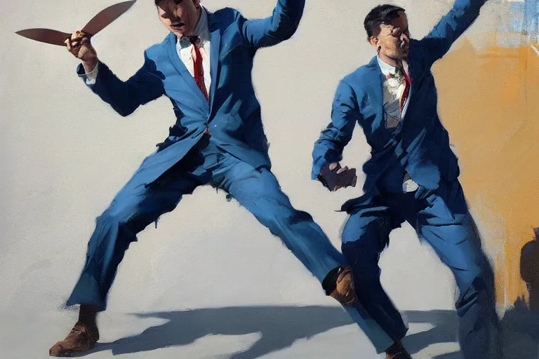 Image similar to greg manchess portrait of throwing knives at a man in a blue suit, profile picture, organic painting, sunny day, matte painting, bold shapes, hard edges, street art, trending on artstation, by huang guangjian, gil elvgren, ruan jia, randy vargas, greg rutkowski