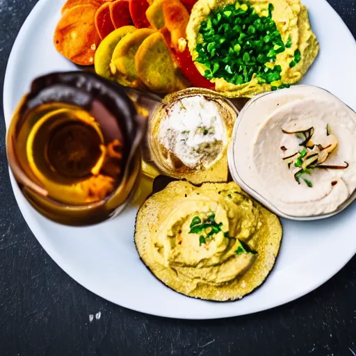 Prompt: a hummus plate with beer, food photography