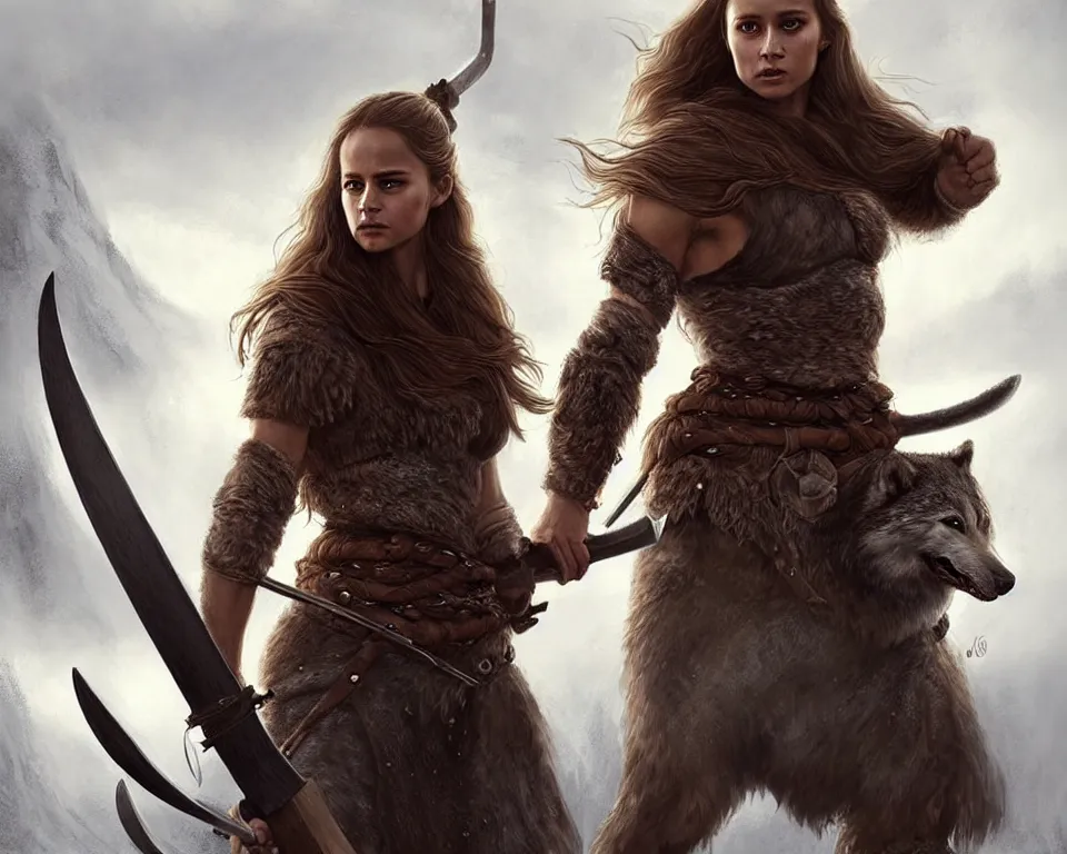 Image similar to gorgeous!! hyper - realistic solo woman resembling alicia vikander as a battle - worn viking warrior wielding a giant axe, accompanied by a dire wolf | intricate, highly detailed, digital painting, character design, character concept art | drawn by wlop, drawn by jeehyung lee, drawn by artgerm, drawn by peter kemp