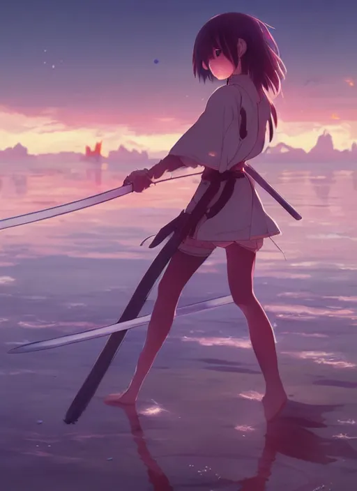 Image similar to anime girl with a katana walking on water, ripples, backdrop of dawn, saturn in the background, illustration, concept art, anime, key visual, trending pixiv fanbox by wlop and greg rutkowski and makoto shinkai and studio ghibli