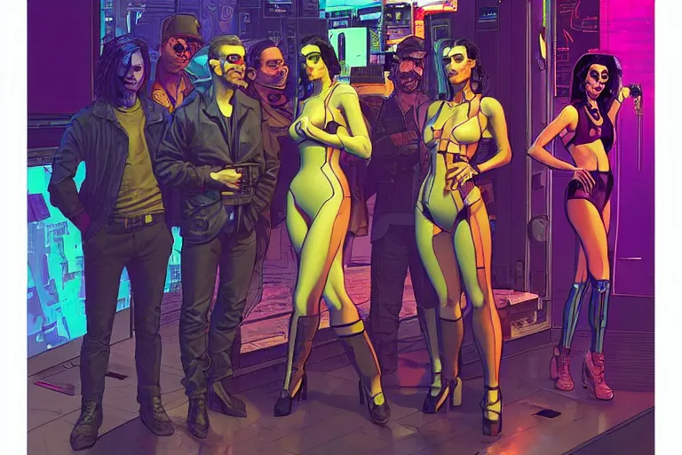 Prompt: cyberpunk heist crew in nightclub. portrait by stonehouse and mœbius and will eisner and gil elvgren and pixar. character design. realistic proportions. cyberpunk 2 0 7 7 character art, blade runner 2 0 4 9 concept art. cel shading. attractive face. thick lines. the team. diverse characters.