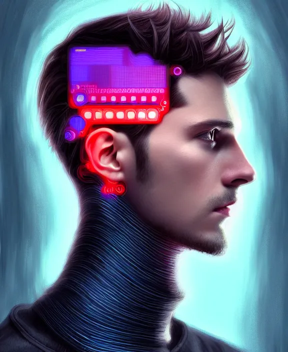 Image similar to a whirlwind inside the metaverse, guy, male, man, science, machine face, fashionable haircut, piercing, half body, neurochip, android, cyberpunk face, by loish, d & d, fantasy, intricate, elegant, highly detailed, colorful, digital painting, artstation, concept art, art by artgerm and greg rutkowski and alphonse mucha