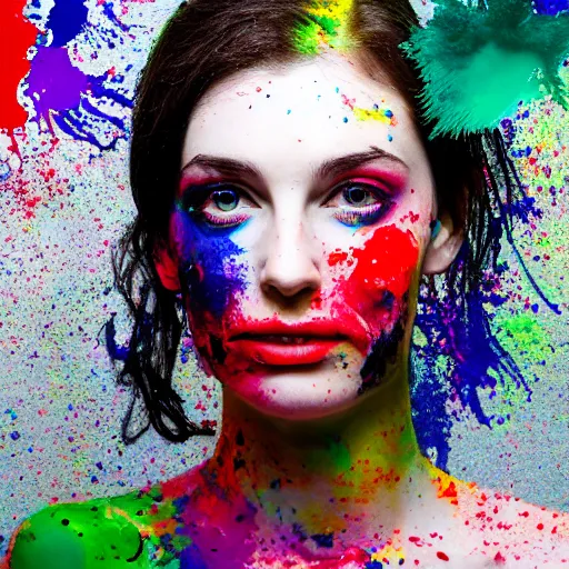 Image similar to beautiful scottish dark haired woman, pale skin, splattered with coloured paint, 4 k, zoomed