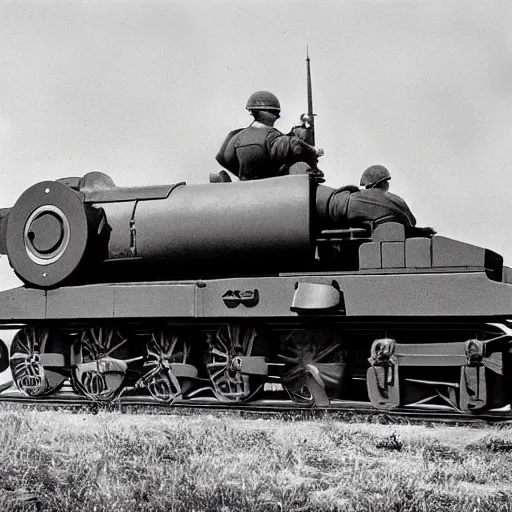 Prompt: WW2 era photograph of 800mm German artillery Dora from WW2 with with face of Thomas the Tank Engine