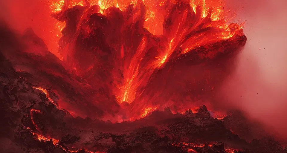 Image similar to a volcano made of ivory vines and crimson rocks enters in eruption, it spits a smoke in the shape of demonic eye, by Marc Simonetti