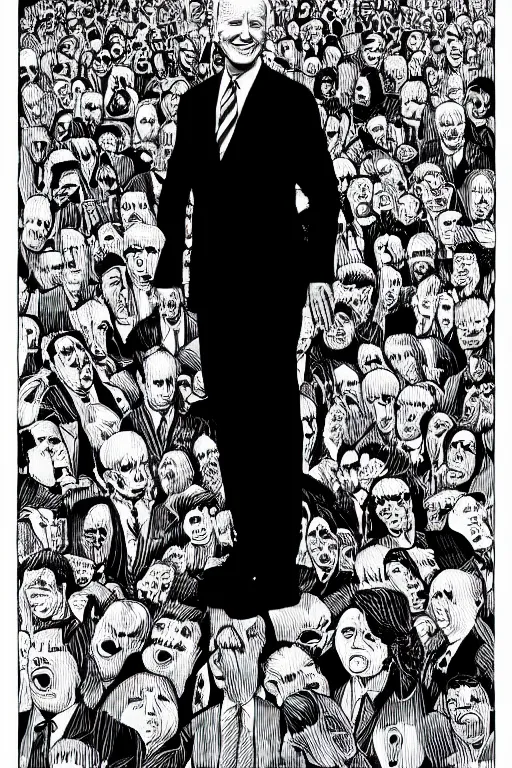 Image similar to Joe Biden full body portrait, body horror, black and white Illustration by Junji Ito