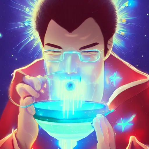 Image similar to A man drinking a cup of cosmic energy bright light by Masafumi Harada, 4k, digital art, surreal, anime style, space dandy style, highly detailed, godsend, artstation