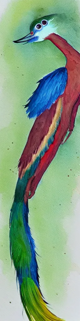 Image similar to A painting of a Resplendant Quetzal on a white background, watercolour, pastel colours,