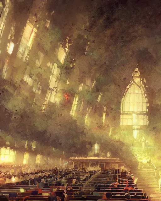 Image similar to craig mullins and ghibli digital illustration of a crowd in a futuristic church, priest, pews, ethereal, inviting, bright, photorealistic, wide shot