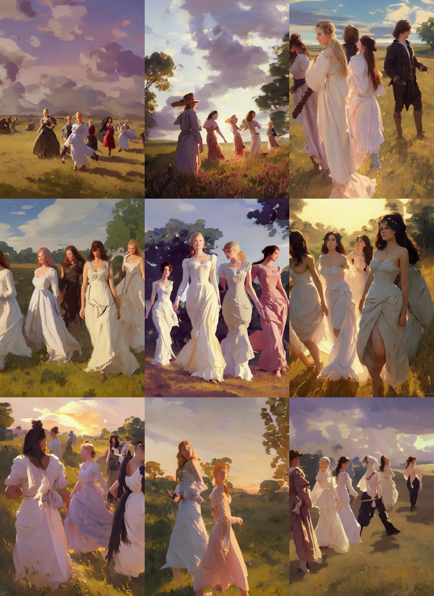 Prompt: group of beautiful finnish norwegian swedish scandinavian attractive glamour models wearing 1 7 th century bodice with low neckline walking in the field at sunset, jodhpurs greg manchess painting by sargent and leyendecker, studio ghibli fantasy medium shot asymmetrical intricate elegant matte painting illustration hearthstone, by greg rutkowski by greg tocchini by james gilleard