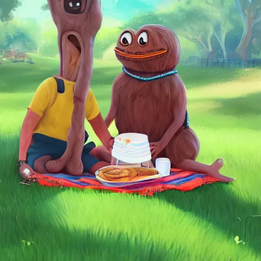 Prompt: Pepe the child and Gondola the child are sitting on a picnic in the park. High detail, masterpiece, trending on ArtStation, award winning.