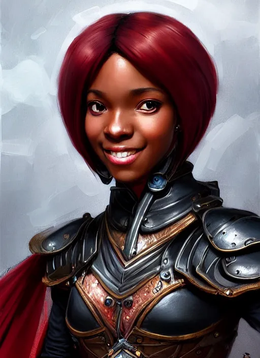 Prompt: portrait of a black female mage, looking at camera, D&D, leather armor, medium black hair with a red tint, intricate, elegant, stylish, cute smile, fantasy, extremely detailed, digital painting, artstation, concept art, smooth, sharp focus, illustration, ambient lighting, art by artgerm and greg rutkowski and alphonse mucha and simon stalenhag